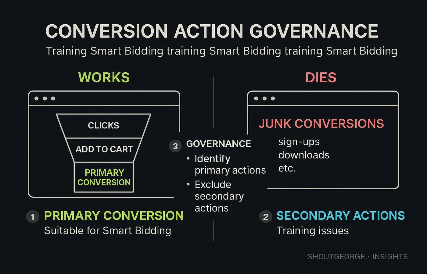 Conversion action governance board with policy, naming, and ownership layers