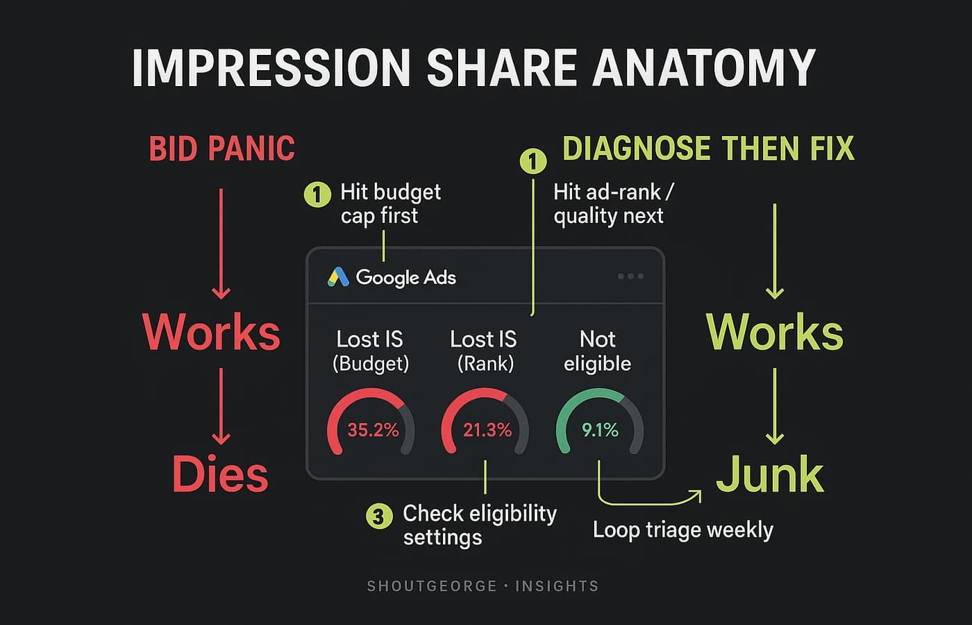 Google Ads impression share diagnostic map with budget, rank, and eligibility branches