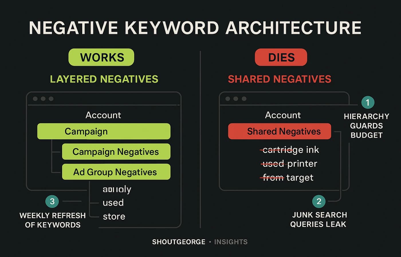Layered negative keyword architecture map for Google Ads Search operations