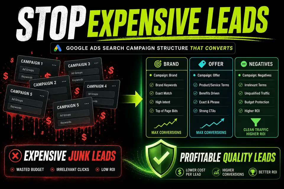 Stop expensive leads: messy overlapping campaigns versus clean brand, offer, and negatives structure