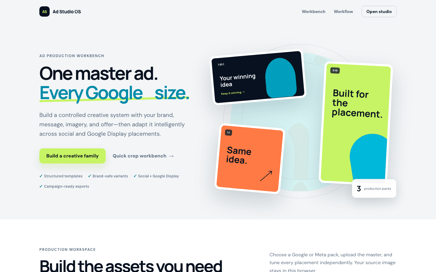 Ad Studio OS homepage showing one master ad adapted across sizes
