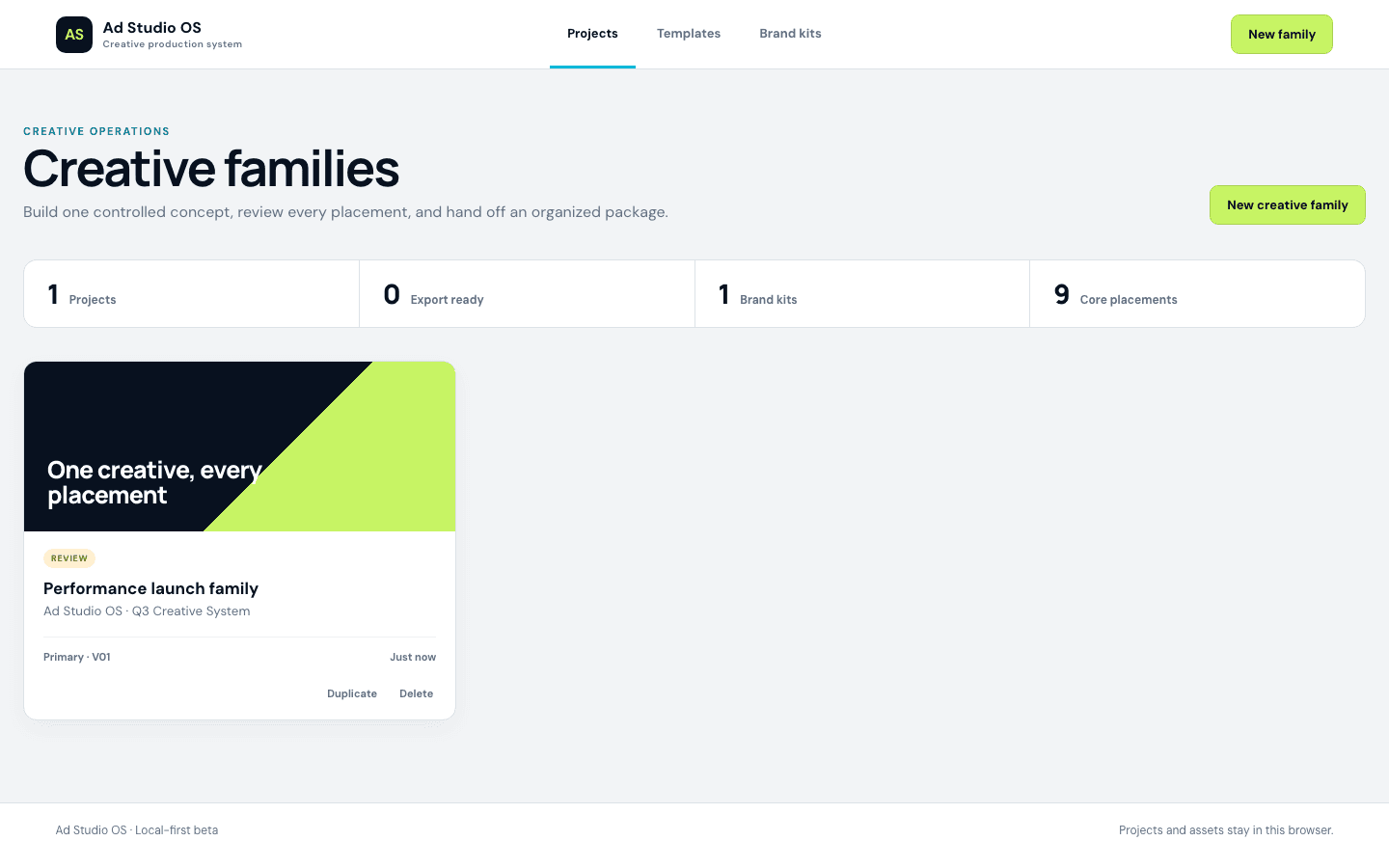 Ad Studio OS studio with creative families and brand kits