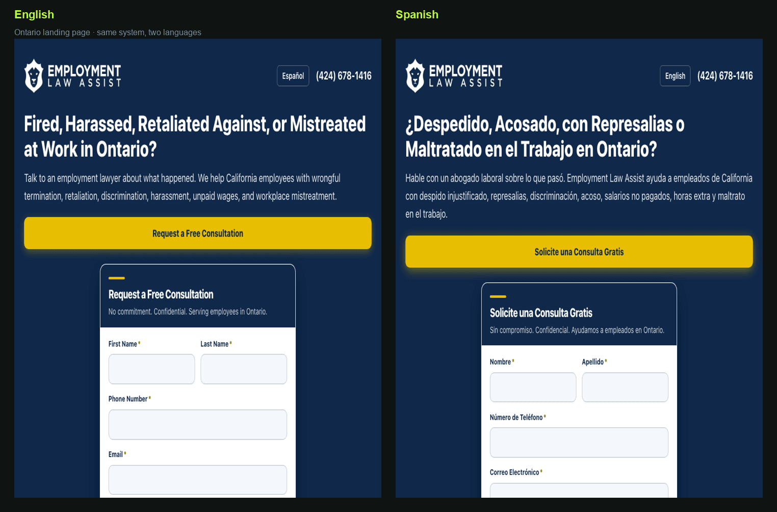 Side-by-side English and Spanish Ontario landing pages from the same system