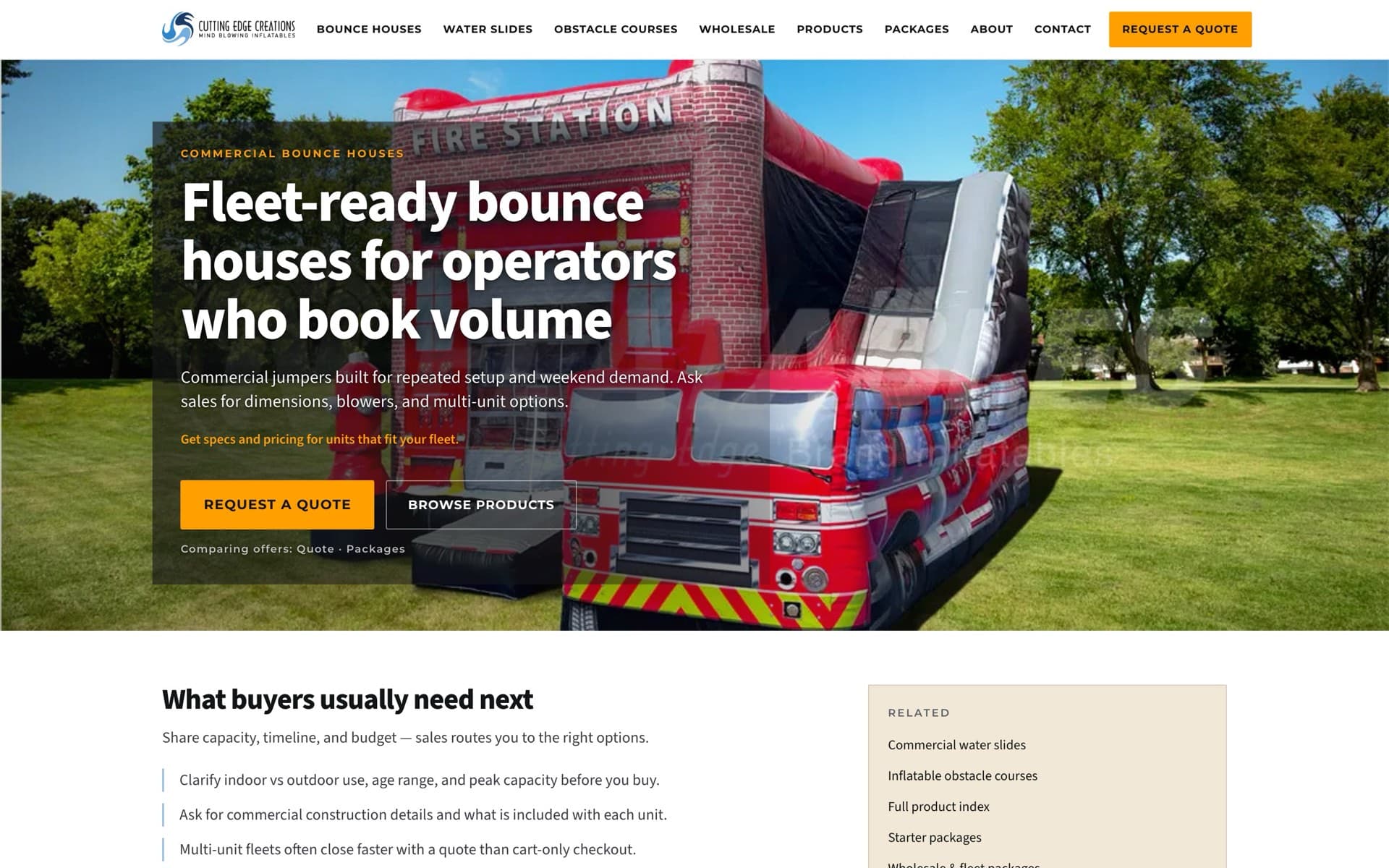 Cutting Edge Creations bounce houses category lander with fleet-ready messaging and quote CTAs