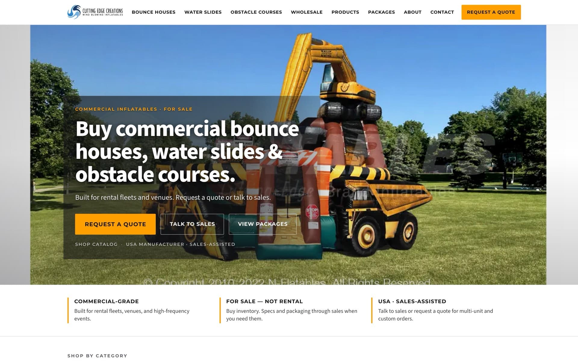 Cutting Edge Creations website prototype homepage — commercial inflatables for sale with Request a Quote