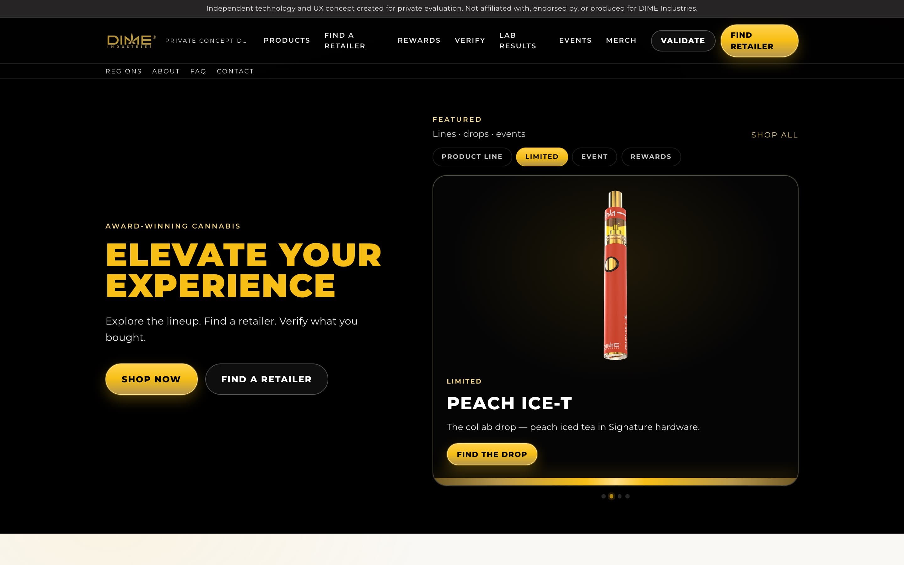 DIME Industries website prototype homepage — Elevate Your Experience hero with Find Retailer and featured Peach Ice-T drop