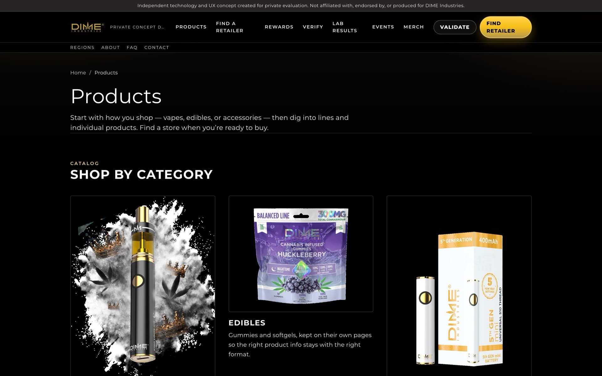 DIME Industries products page organized by category — vapes, edibles, and hardware