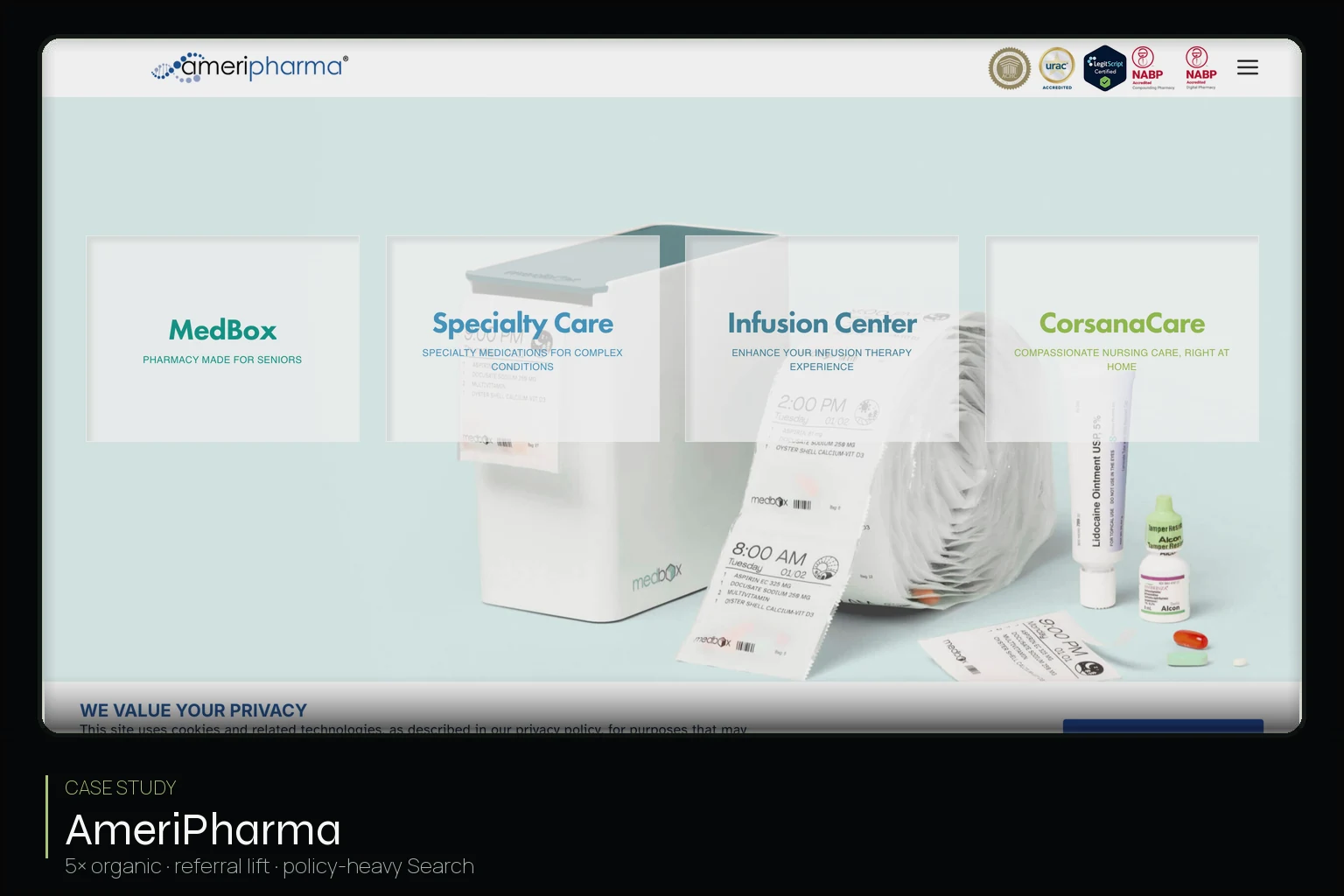 AmeriPharma homepage — specialty pharmacy Search case study