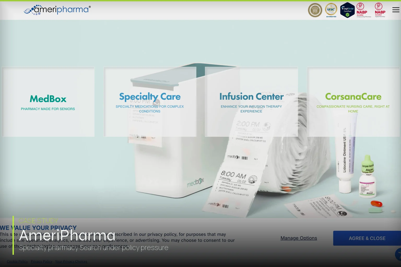 AmeriPharma homepage — specialty pharmacy Search case study