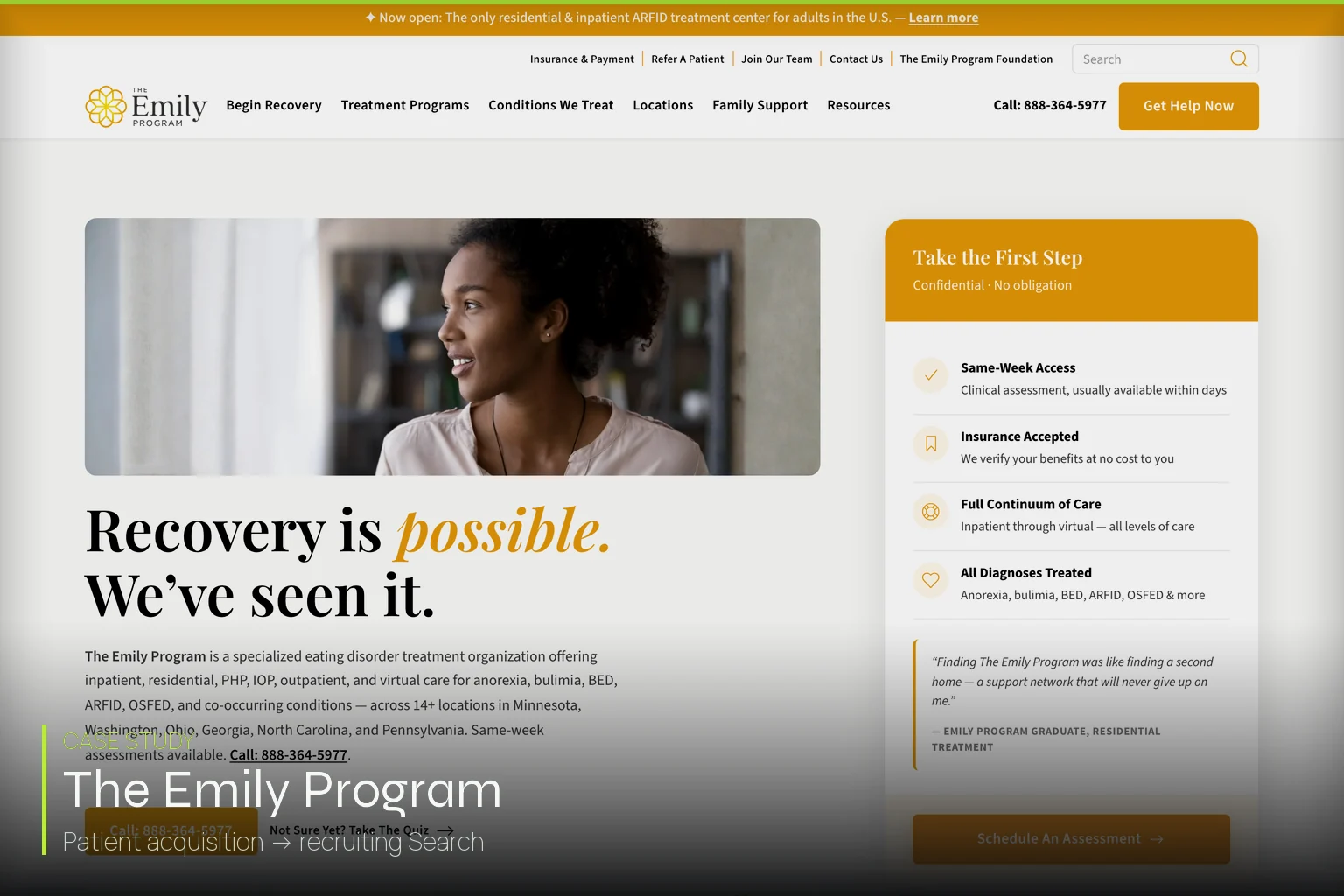 The Emily Program homepage — patient and recruiting Search case study